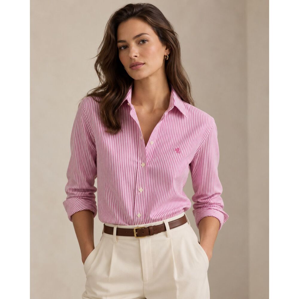 Lauren Ralph Lauren Shirt Women’s M Logo LRL Pink White Stripe Cotton